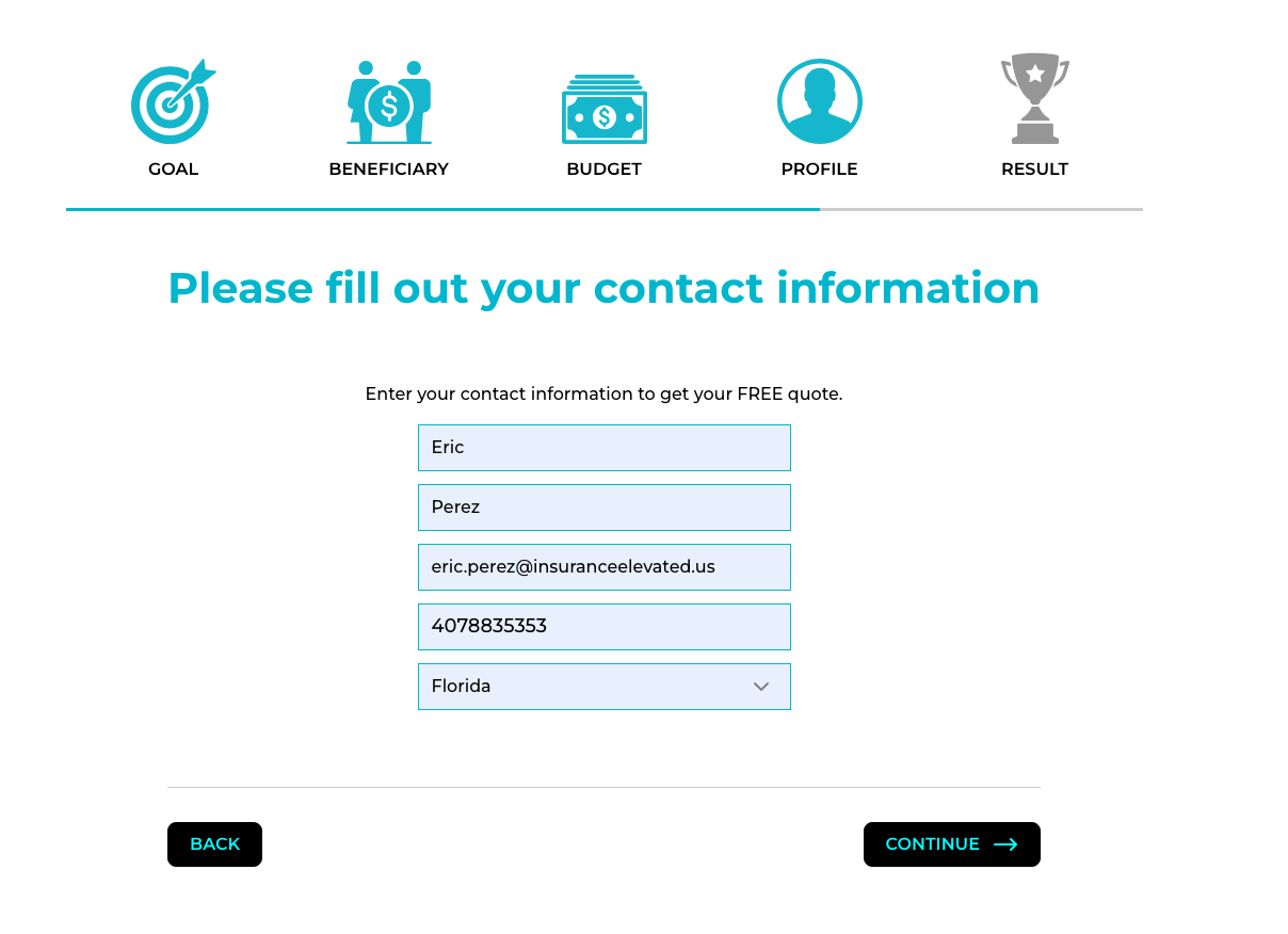 Contact information screen